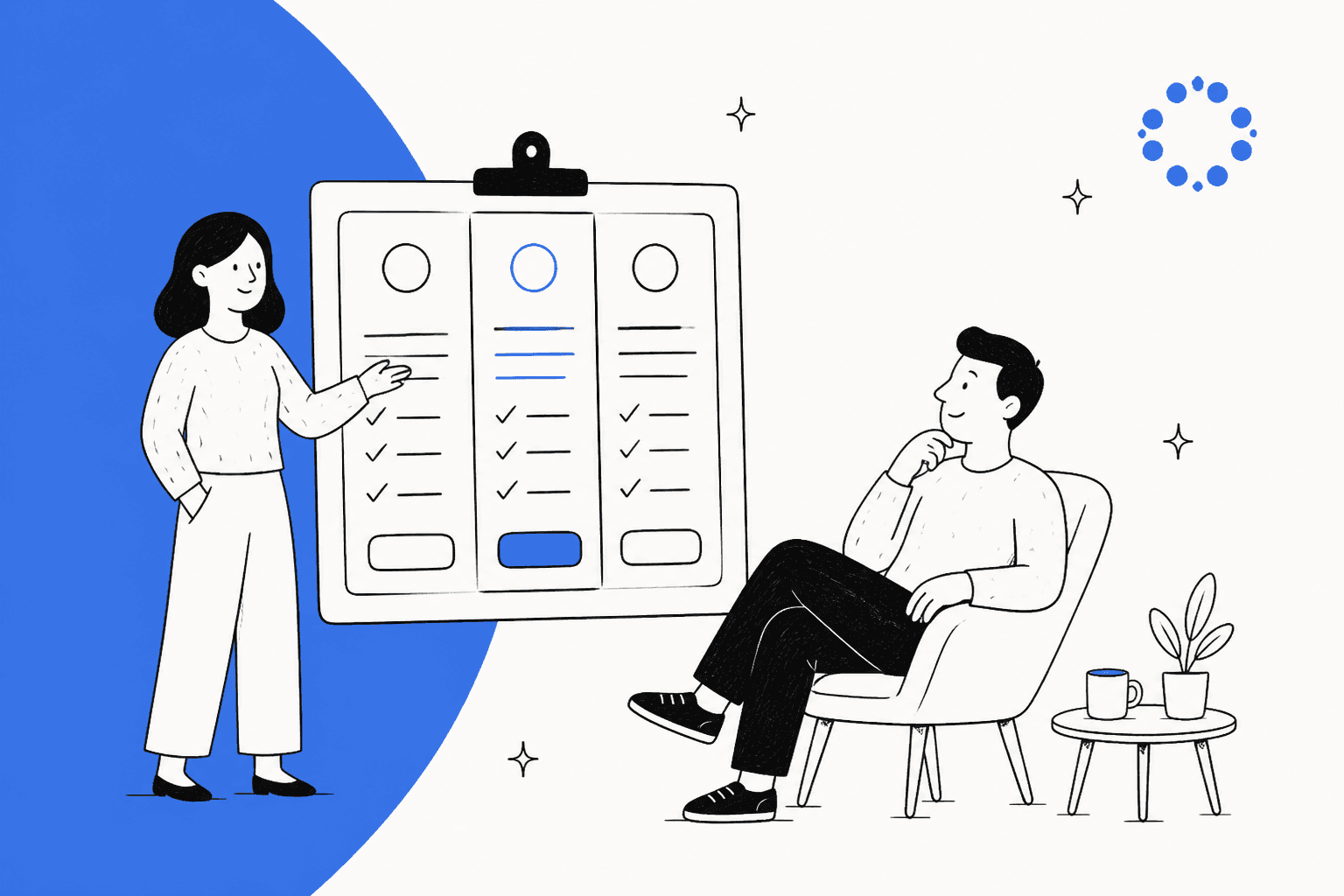 Illustration of a presenter walking a colleague through a three-column pricing plan comparison