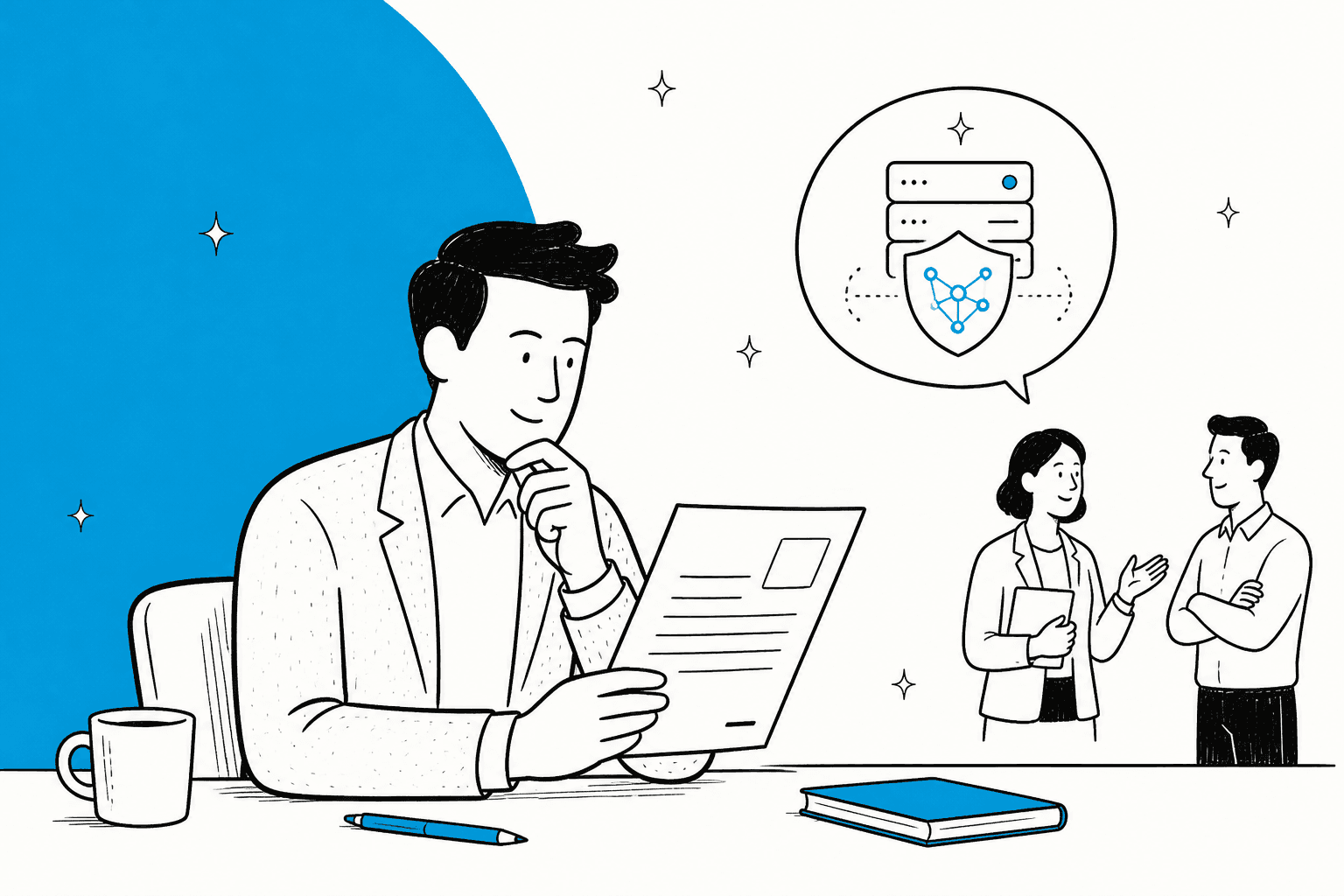 Hand-drawn illustration of a buyer reading a quote-only price sheet for an AI security platform