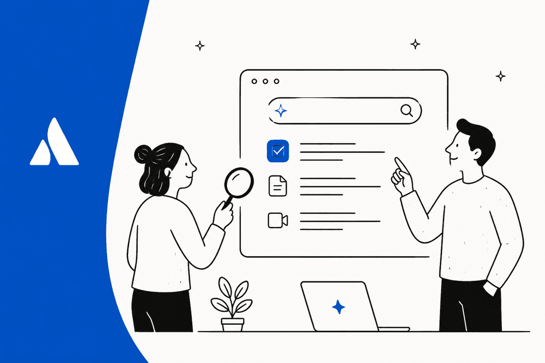 Hand-drawn illustration of two colleagues using an AI search window to find documents