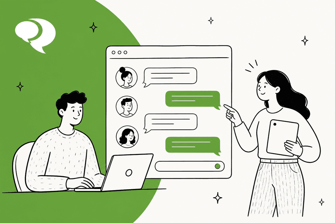 RumbleTalk pricing hero banner, a hand-drawn man at a laptop and a woman with a tablet pointing at a group chat window, with the RumbleTalk speech-bubble mark on a green shape