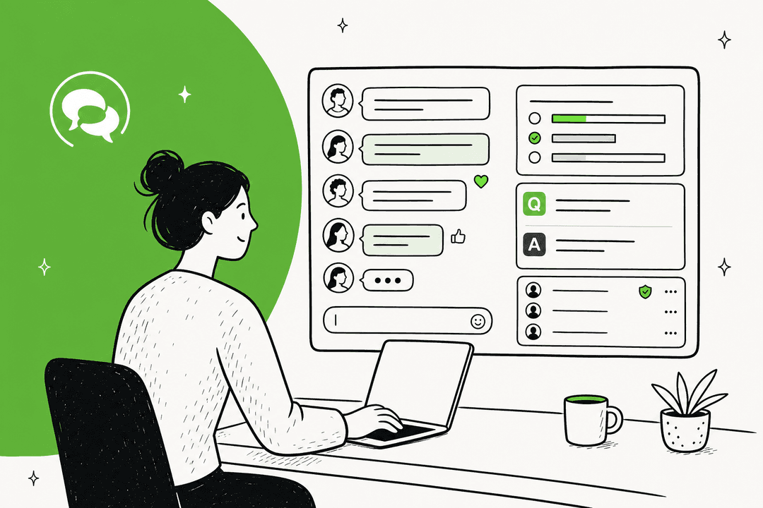 RumbleTalk review hero banner in RumbleTalk green, a person at a laptop moderating a live group chat room with a poll and Q and A panel on a large screen