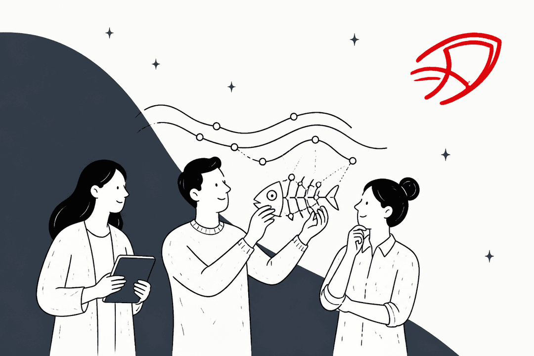 Hand-drawn illustration of three people examining a fish skeleton made of network nodes, with the Sakana AI logo