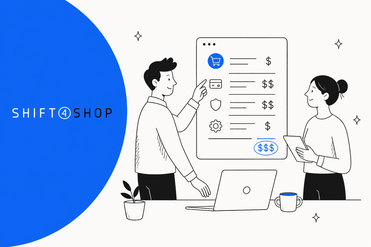 Two people reviewing a Shift4Shop pricing sheet beside the Shift4Shop logo