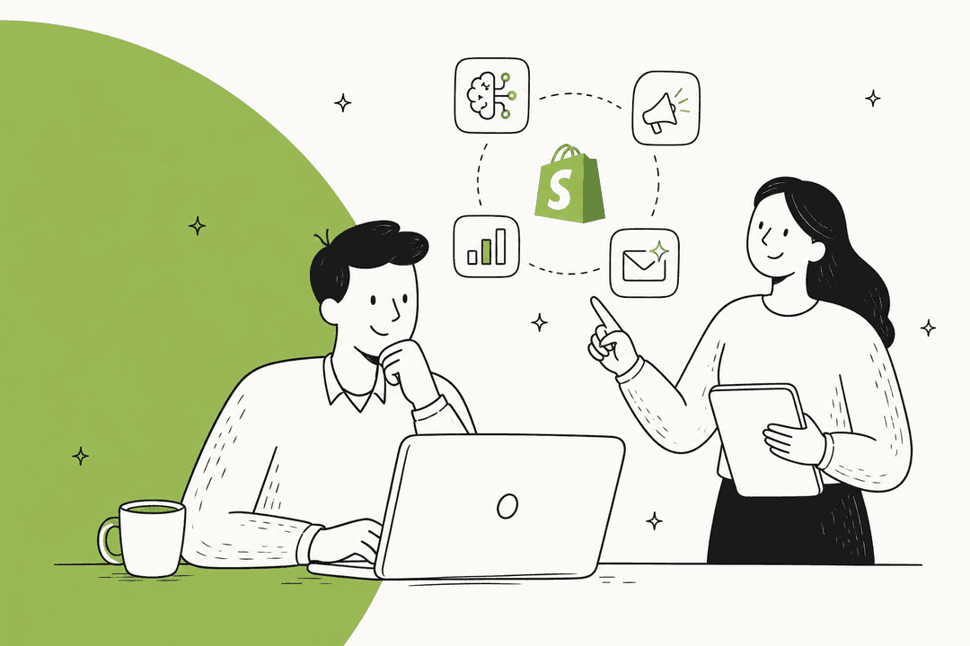 Illustration of two store owners reviewing AI app icons orbiting a Shopify bag for The 6 best Shopify AI apps in 2026