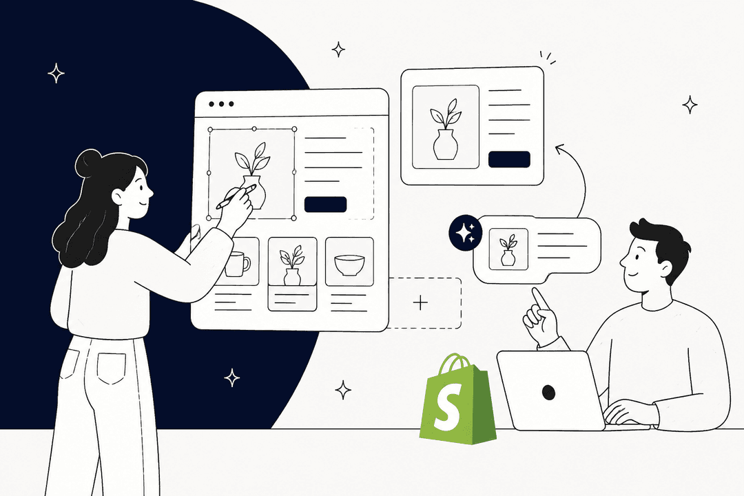Hand-drawn banner of a merchant editing store pages on a large canvas while a teammate chats with an AI assistant, with the Shopify bag logo on the desk
