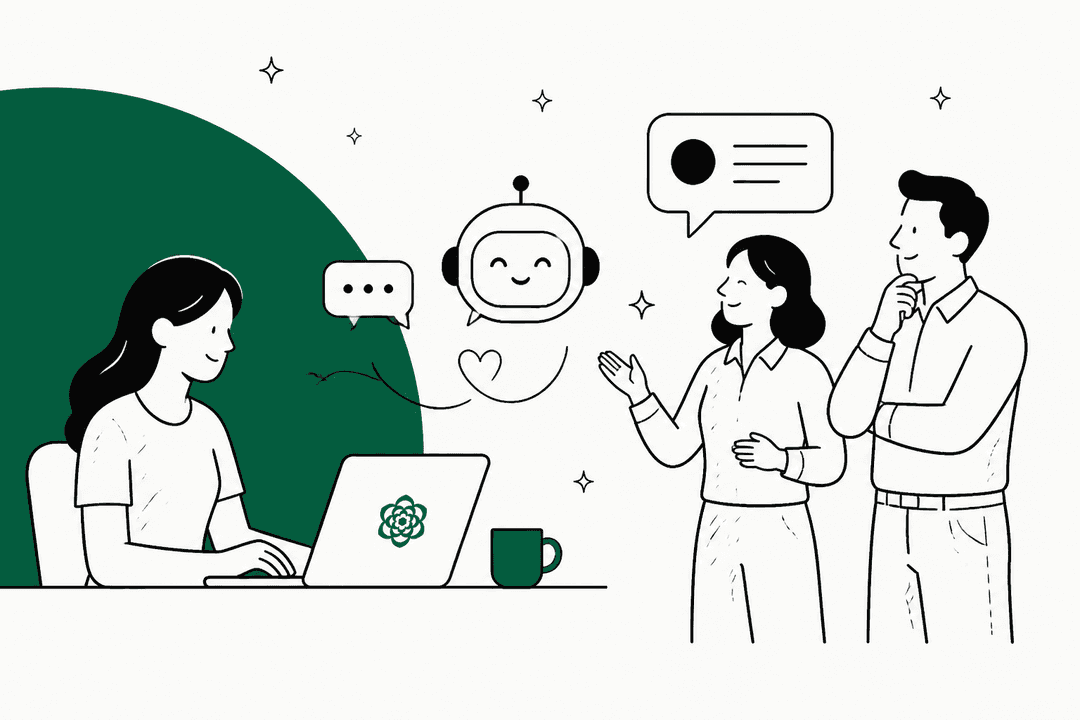Hand-drawn illustration of a support agent at a laptop with an AI chat assistant and two colleagues, on a green Sierra-colored backdrop