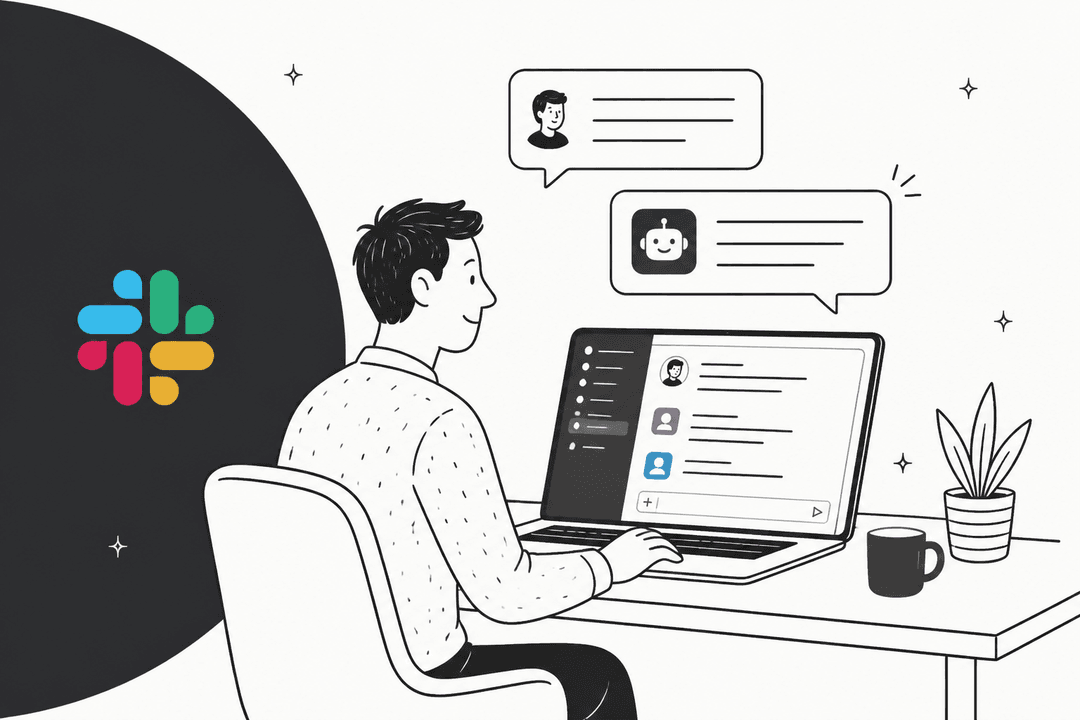 Hand-drawn person chatting with an AI assistant in a Slack workspace beside a dark half circle with the Slack logo