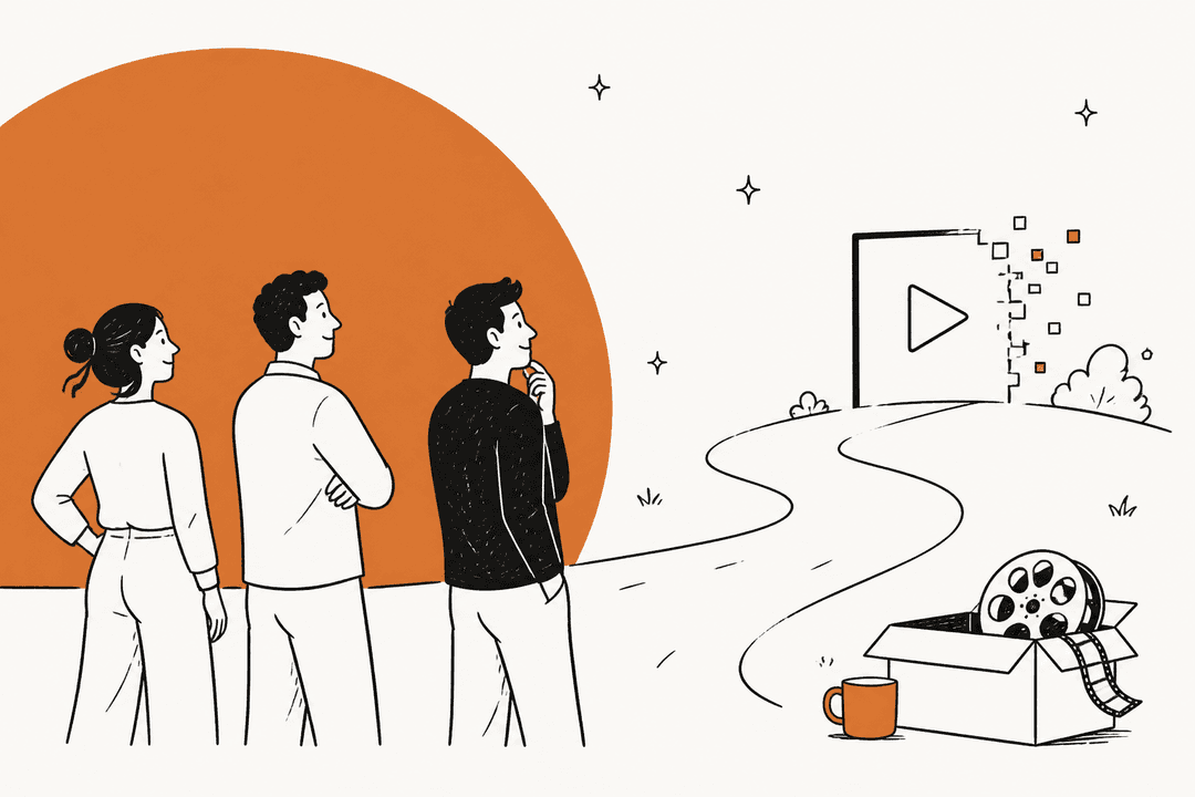 Hand-drawn illustration of a person reviewing a video clip on a laptop, for the Sora 2 API review