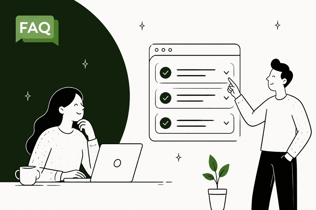 StoreFAQ review hero banner, a hand-drawn woman at a laptop and a man pointing at an FAQ accordion with three answered questions, next to the StoreFAQ logo on a dark green and off-white background