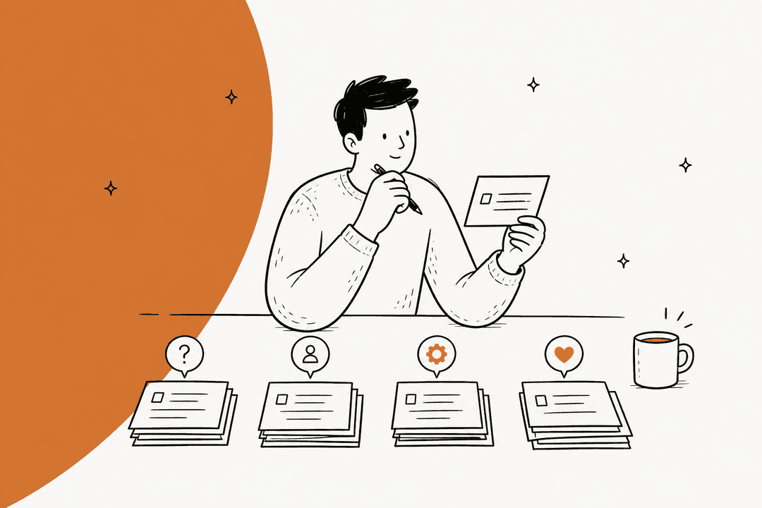 Illustration of a person sorting support tickets into themes, for a support ticket analysis guide in 2026