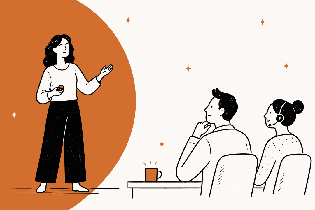 Illustrated speaker on stage presenting to customer service agents, with an orange half circle