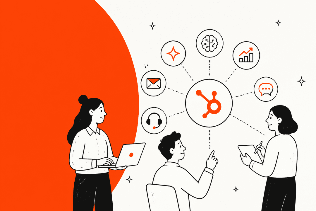 Three colleagues around the HubSpot logo and AI tool icons