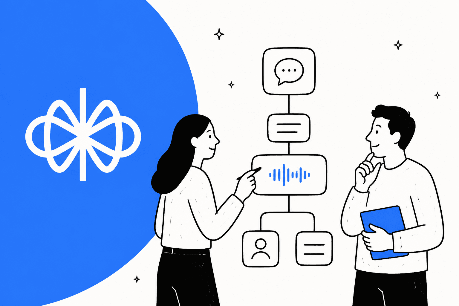 Hand-drawn illustration of two people planning a branching agent flow with chat and voice steps beside the Voiceflow logo on a blue backdrop
