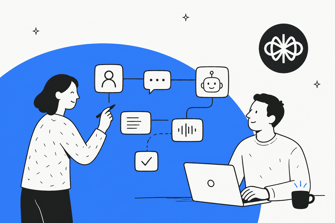 Hand-drawn illustration of two people designing a connected agent flow on a blue backdrop next to the Voiceflow logo