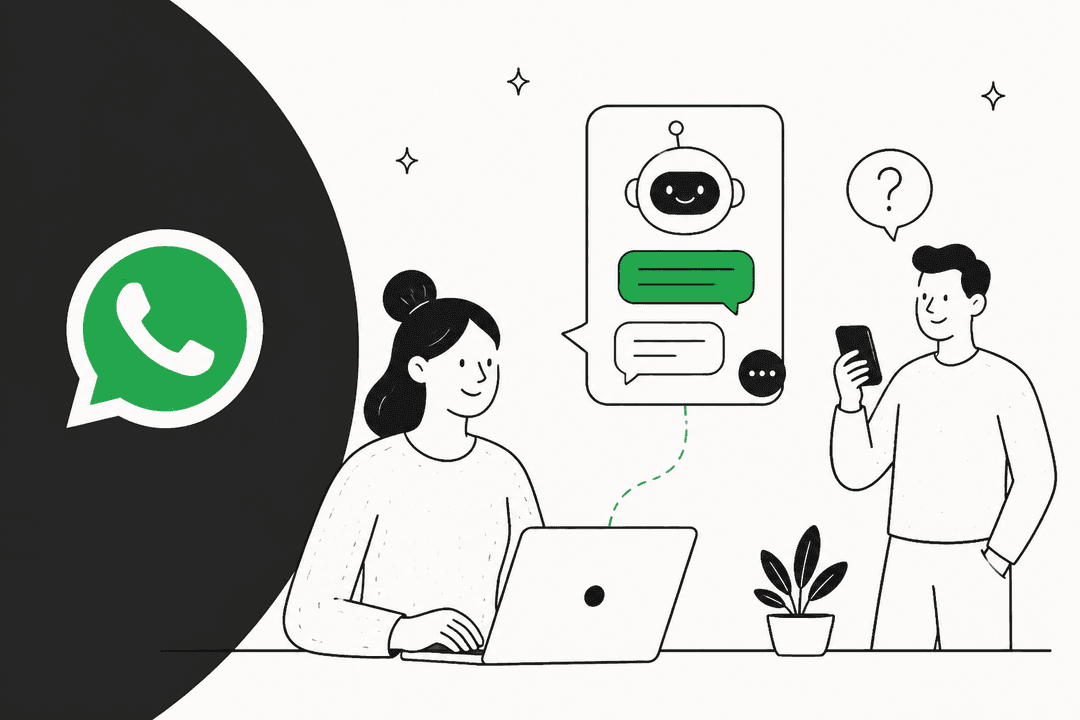 Hand-drawn illustration of a customer asking a question on WhatsApp and an AI chatbot replying while a support agent watches from a laptop