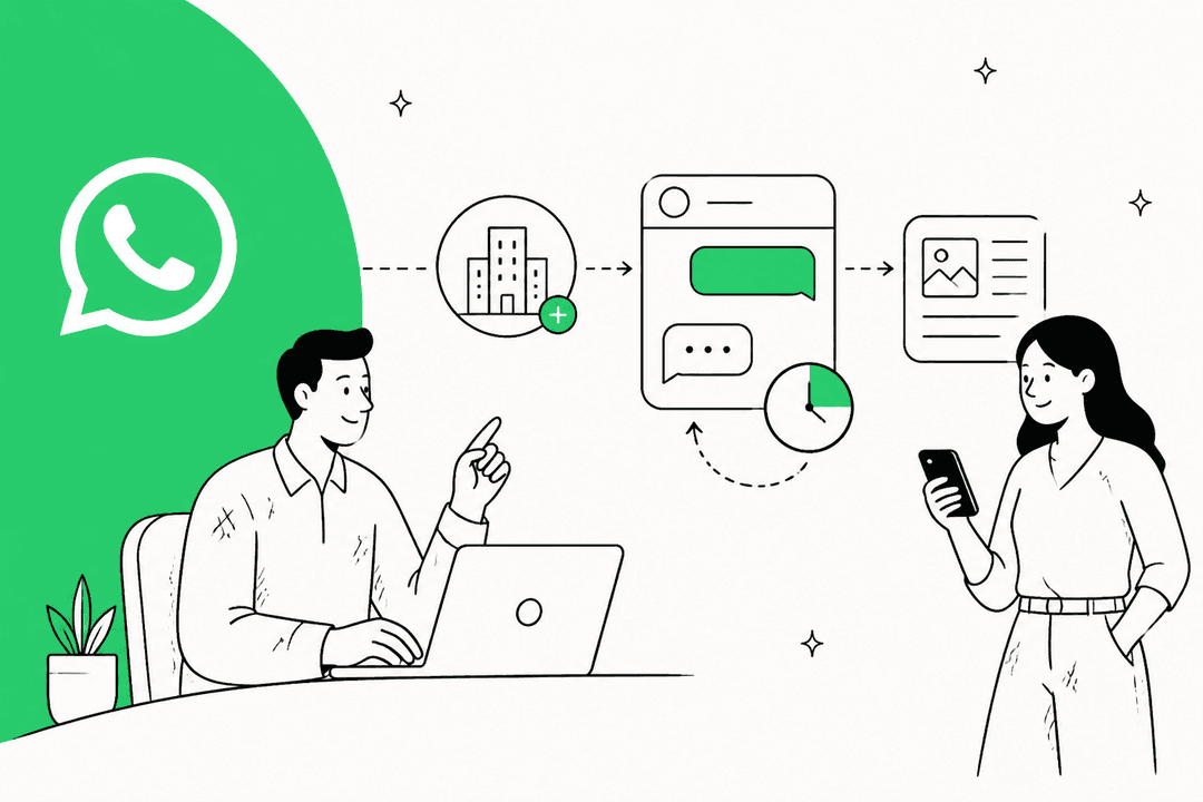 Hand-drawn illustration of a developer at a laptop connecting a business to WhatsApp, with a message thread, a 24-hour clock and a customer reading on her phone