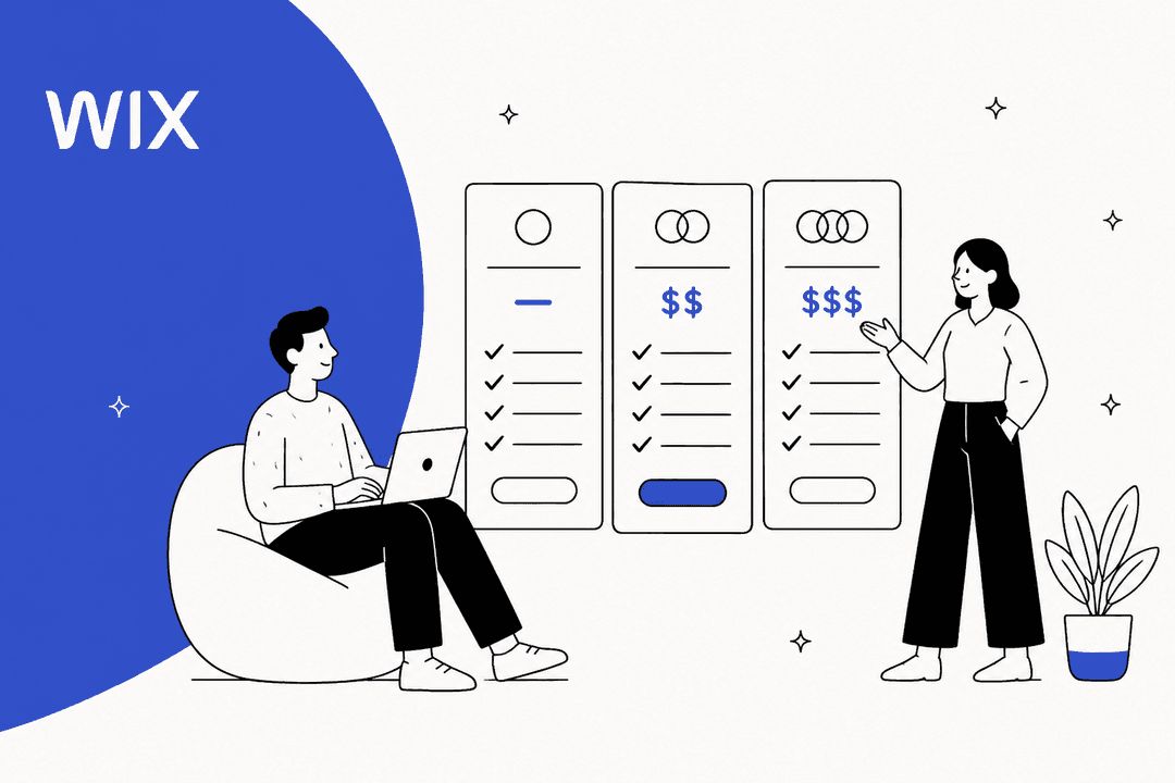 Wix Smart Chat pricing hero banner, a hand-drawn pricing scene with the Wix logo and three plan columns on a blue and off-white background