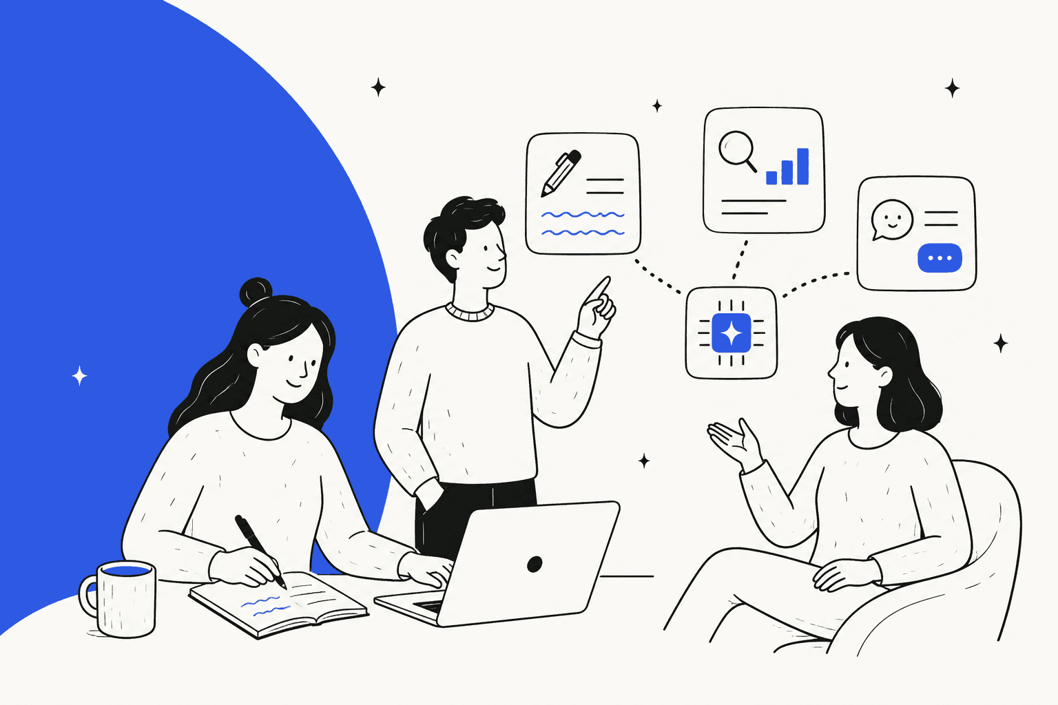 Illustration of three colleagues using AI writing, SEO, and chat tools on a WordPress site
