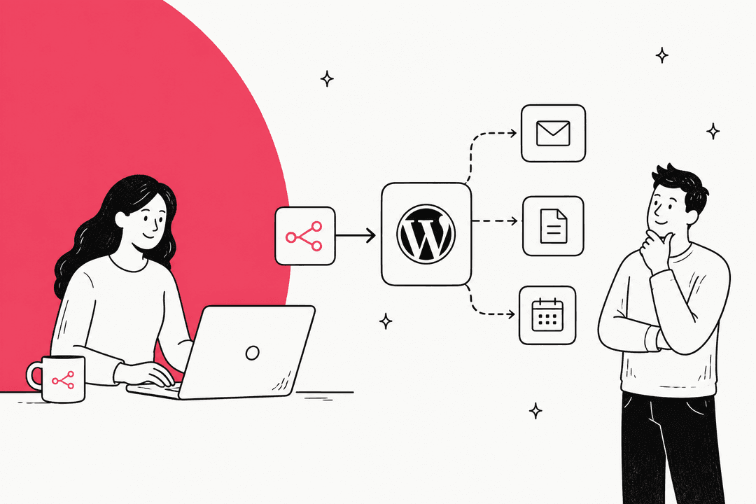 Illustration of a colleague building an n8n workflow that sends data into WordPress