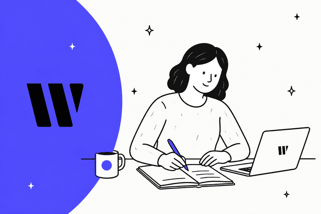 Hand-drawn person writing at a laptop beside a blue half circle with the Writer logo