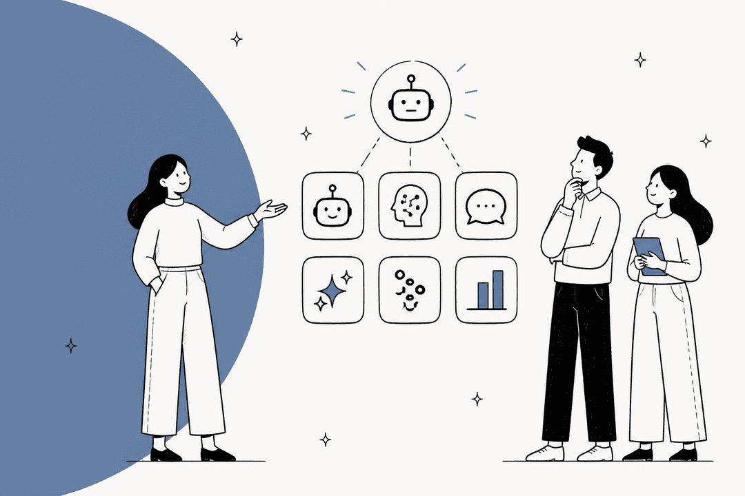 Hand-drawn presenter and two colleagues looking at a grid of AI tool icons beside a slate blue half circle