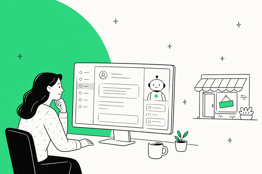 Zenbots AI review hero banner in mint green, a support agent at a monitor with a small robot in the ticket sidebar, next to a tiny storefront with a sign hanging in the window