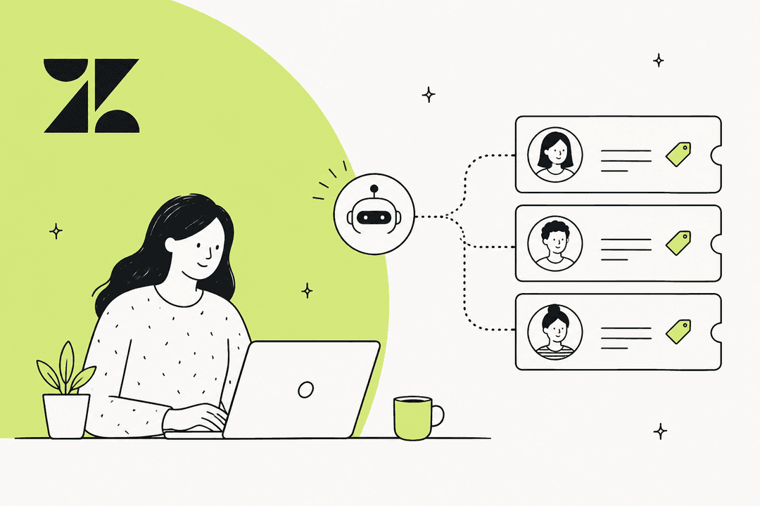 Illustration of a support agent at a laptop with a Zendesk logo and tagged tickets