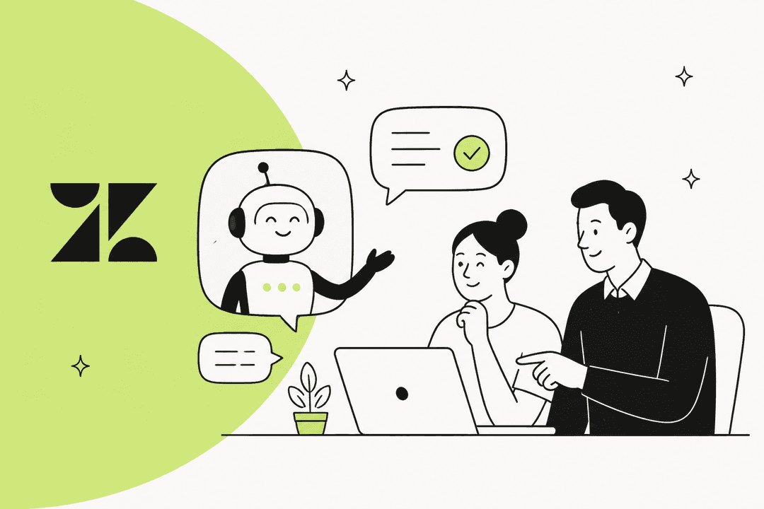 Illustration of two support teammates looking at a friendly chatbot beside the Zendesk logo