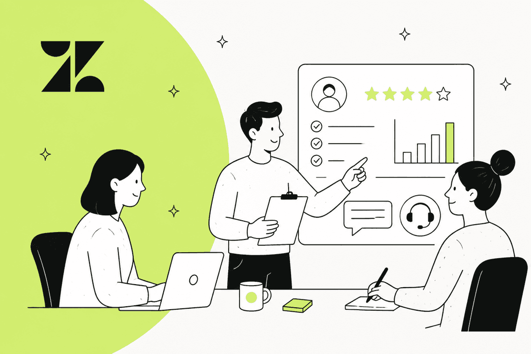 Support team reviewing QA scorecards and agent ratings beside the Zendesk logo