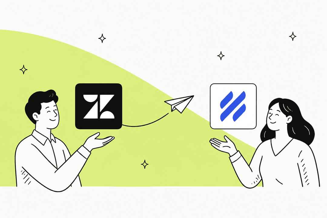 Hand-drawn illustration of two teammates passing a paper plane from the Zendesk logo to the Help Scout logo