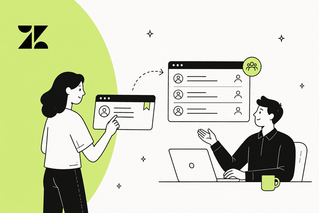 Hand-drawn illustration of an agent handing a personal ticket view over to a team shared view in Zendesk