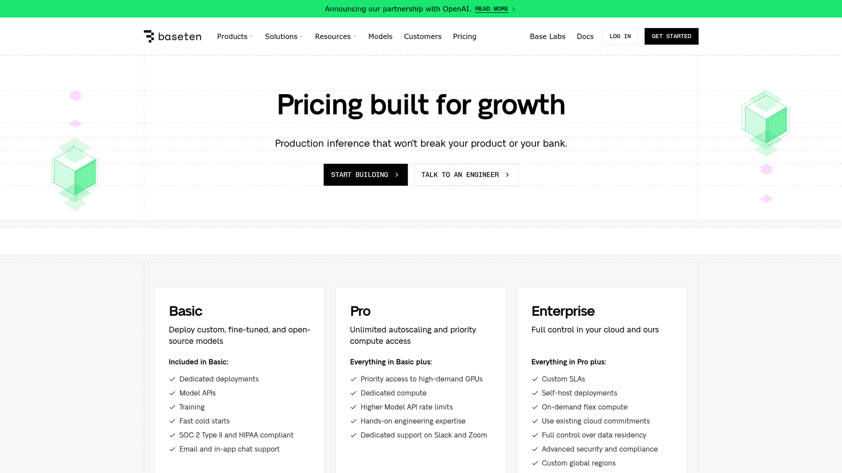 The Baseten pricing page, showing the Basic, Pro and Enterprise plans, as taken from Baseten