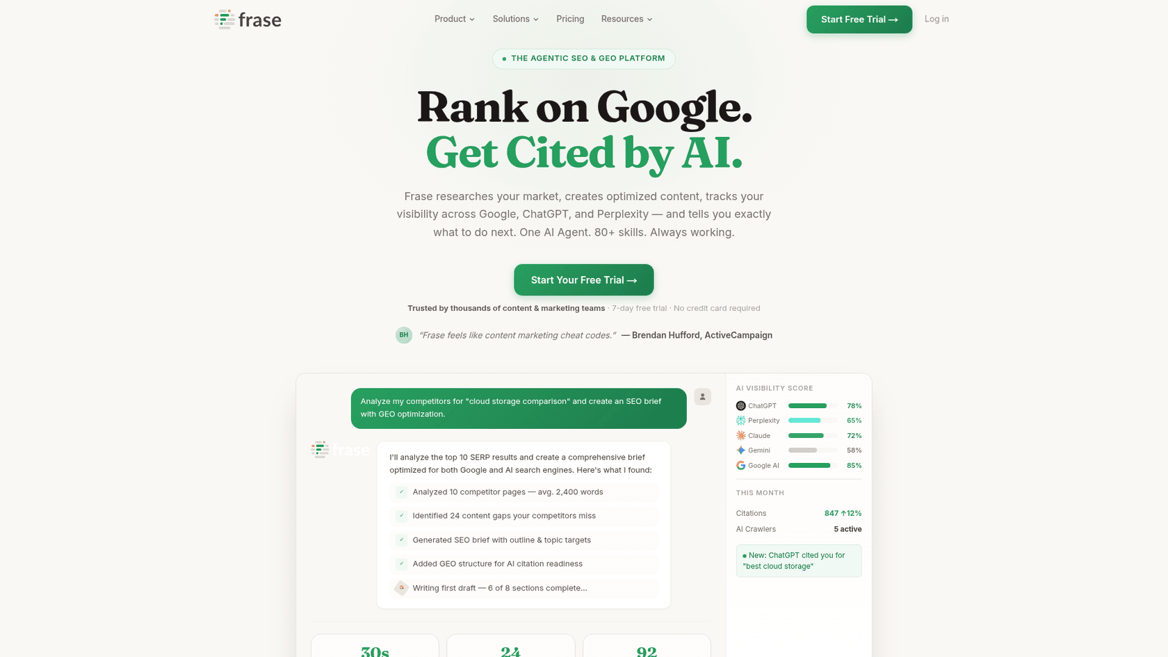 Frase homepage with Rank on Google. Get Cited by AI.