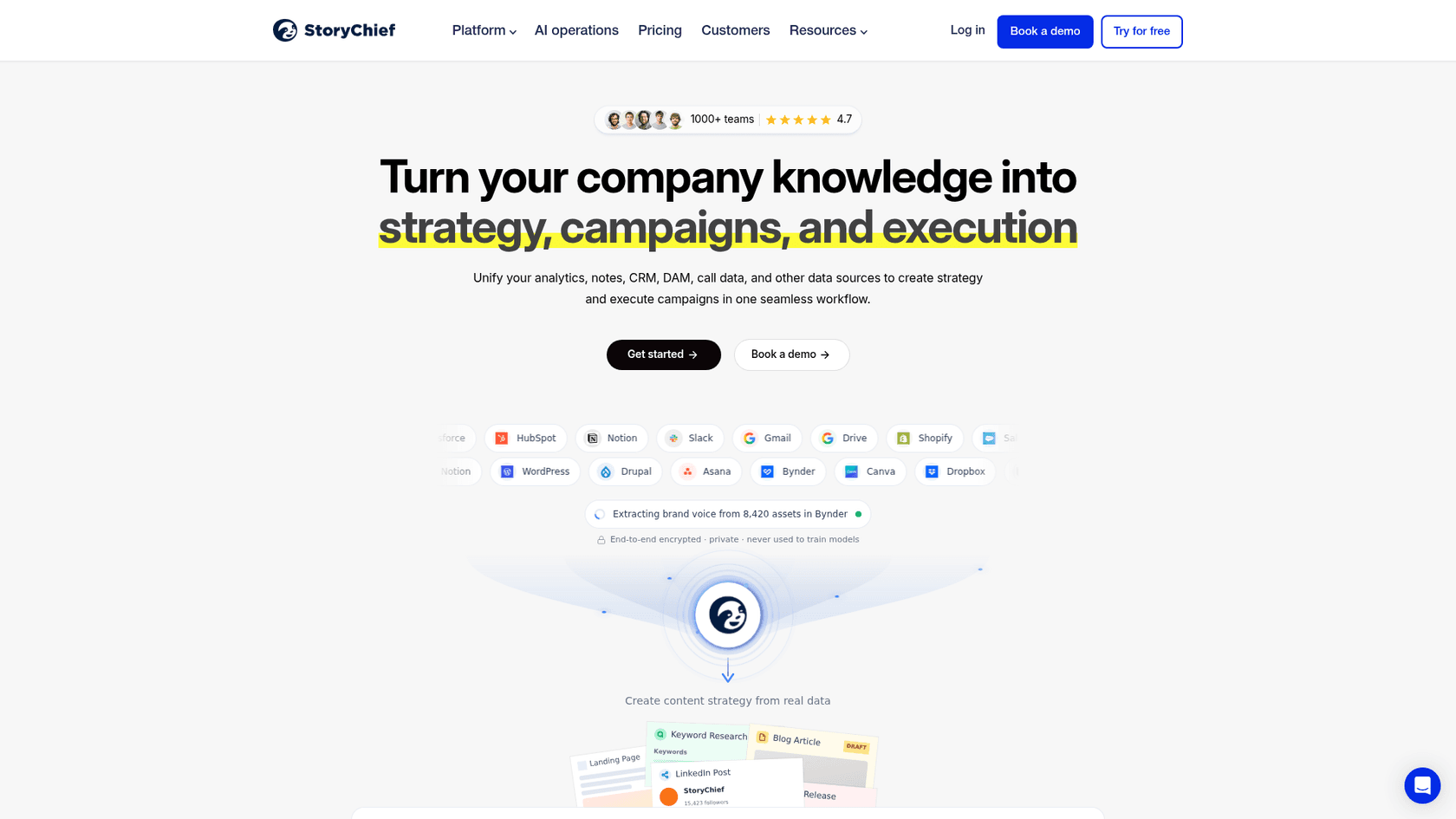 StoryChief homepage with Turn your company knowledge into strategy, campaigns, and execution