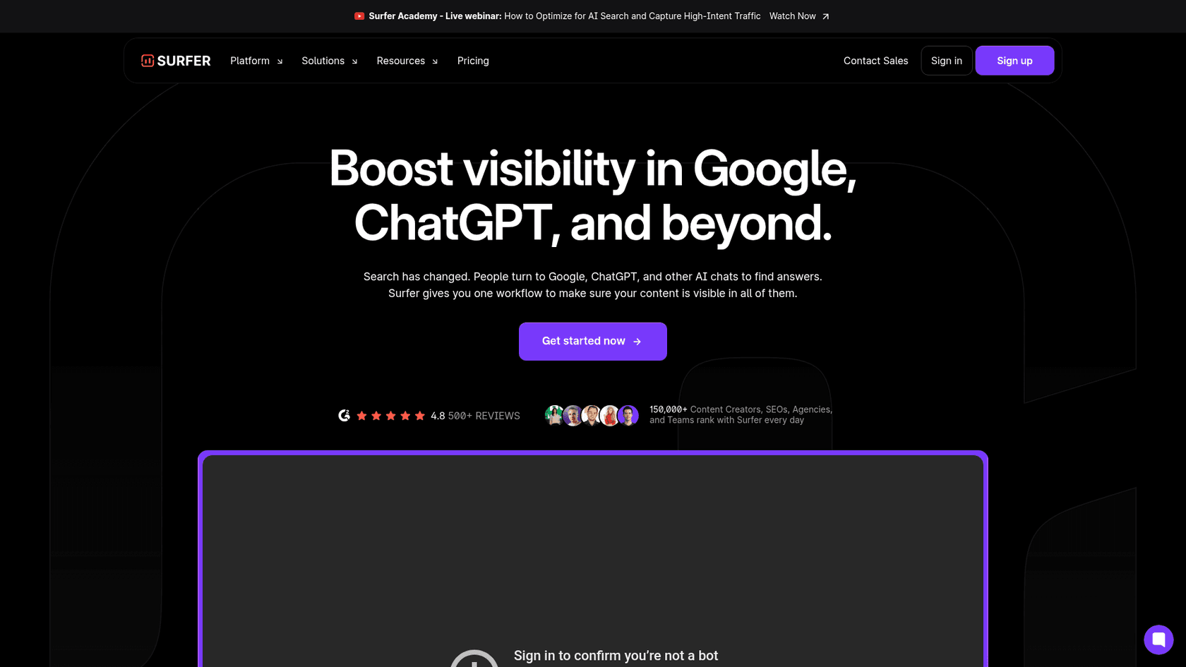Surfer SEO homepage with Boost visibility in Google, ChatGPT, and beyond
