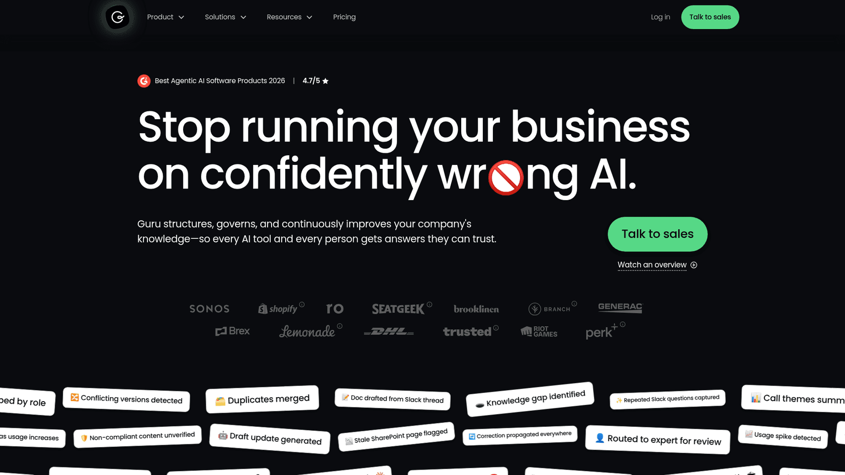Guru knowledge management platform homepage showing the AI Knowledge Agent and verification workflow