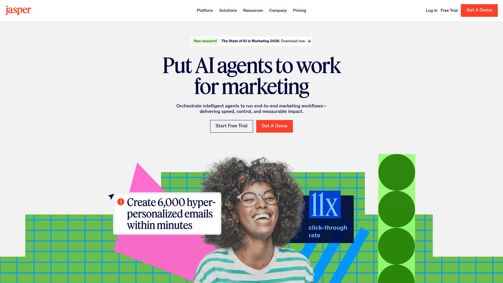 Jasper homepage showing AI-powered marketing content platform