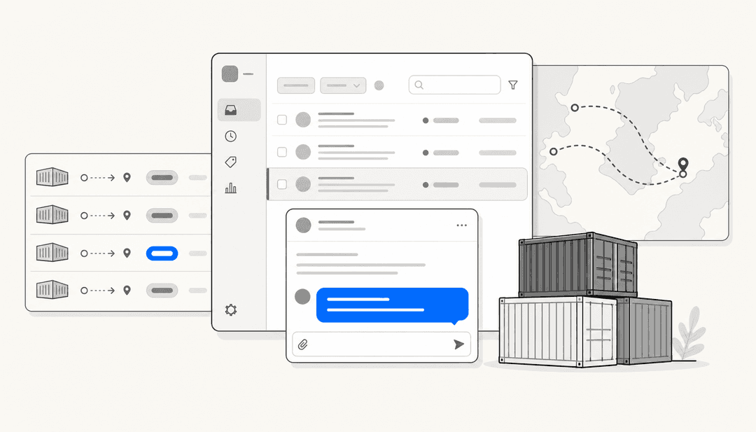 Editorial illustration of a logistics helpdesk concept with floating ticket, shipment tracking, and route panels