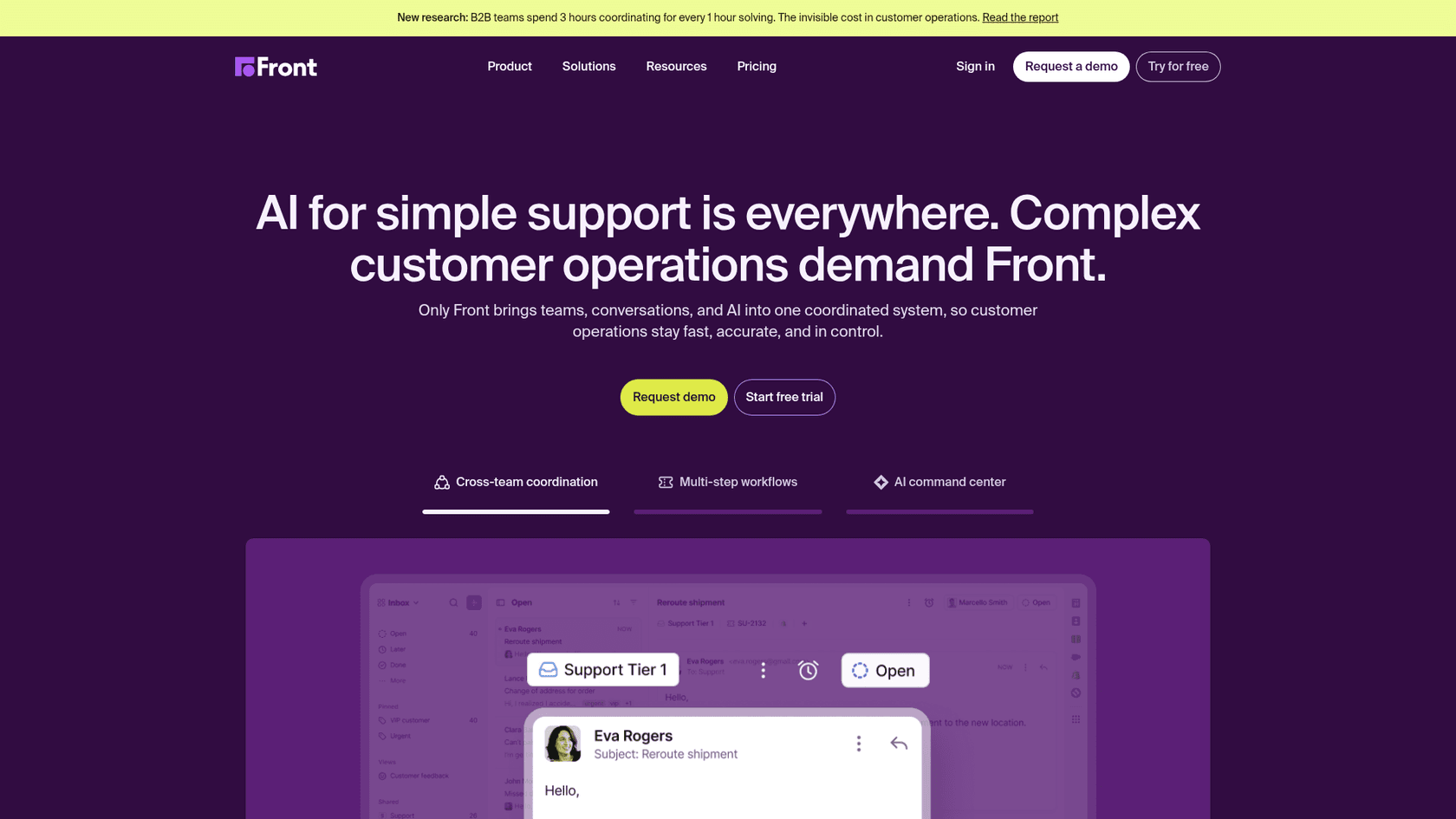 Front customer operations platform homepage