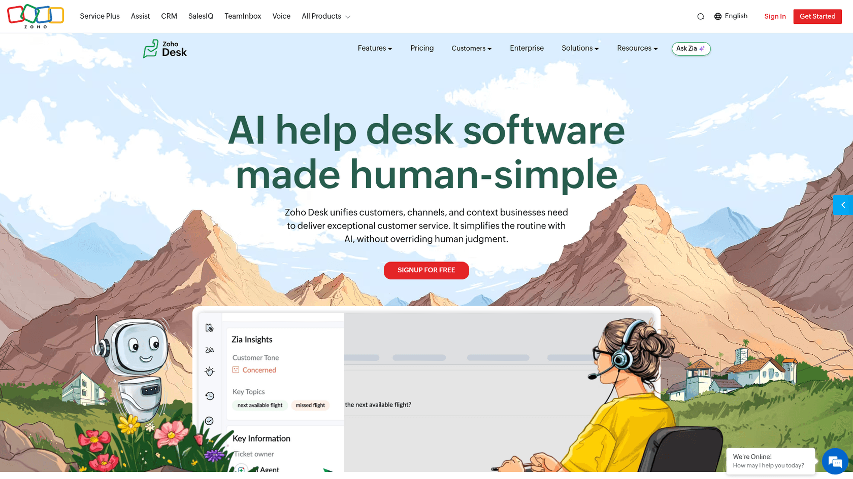 Zoho Desk AI-powered customer service platform homepage