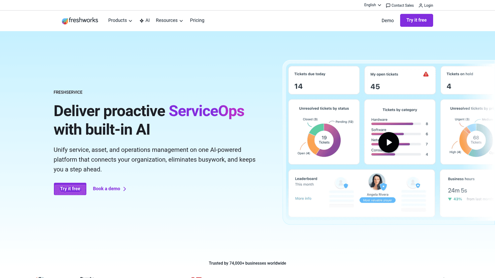 Freshservice homepage showing IT service management platform