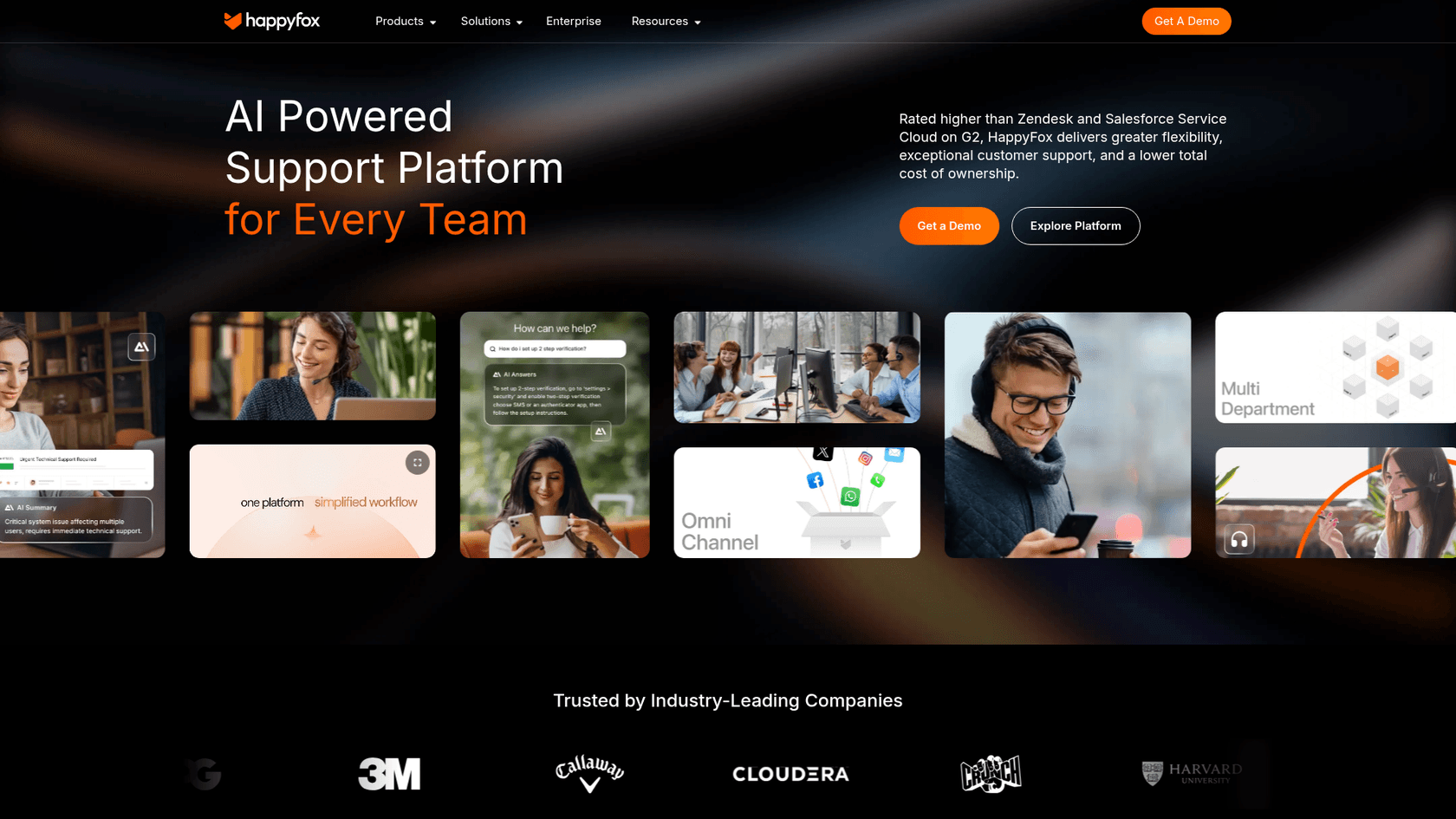 HappyFox homepage showing helpdesk and IT support platform