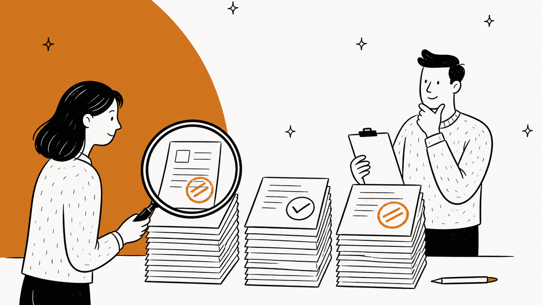Hand-drawn illustration of a support team reviewing a stack of help center articles with a magnifying glass before switching on an AI agent