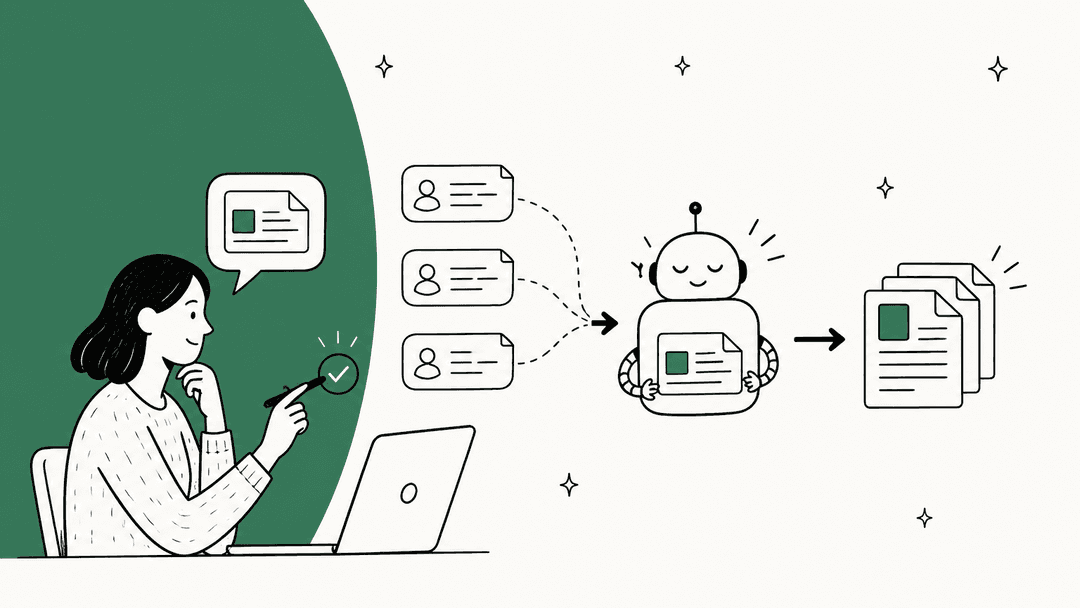 Illustration dessinée à la main d'un responsable support qui approuve un article d'aide rédigé par l'IA à partir de trois tickets, sur un fond vert forêt