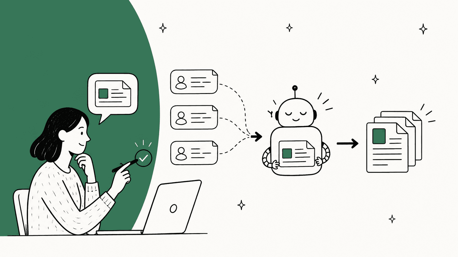 Hand-drawn illustration of a support lead approving an AI-drafted help article built from three support tickets, on a forest green background