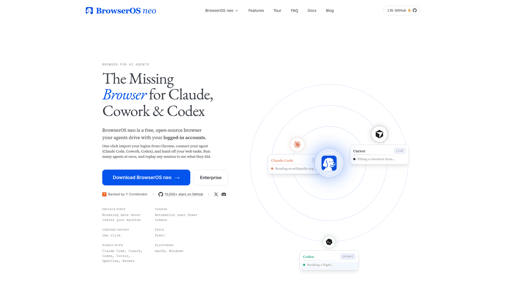 BrowserOS neo homepage listing its free price, Chrome import, and the agents it works with, as taken from BrowserOS