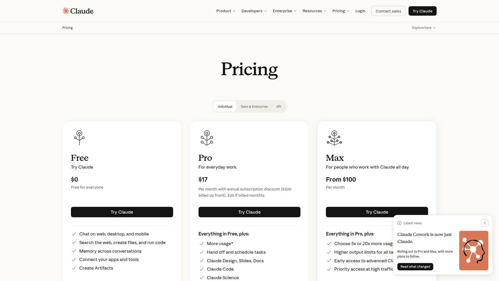 Claude pricing page showing the Free, Pro and Max plans, as taken from Claude