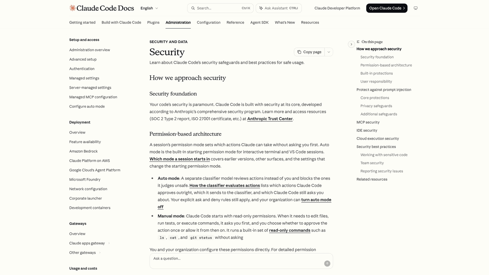 Anthropic's security documentation describing Auto mode and Manual mode permissions, as taken from Claude Code Docs