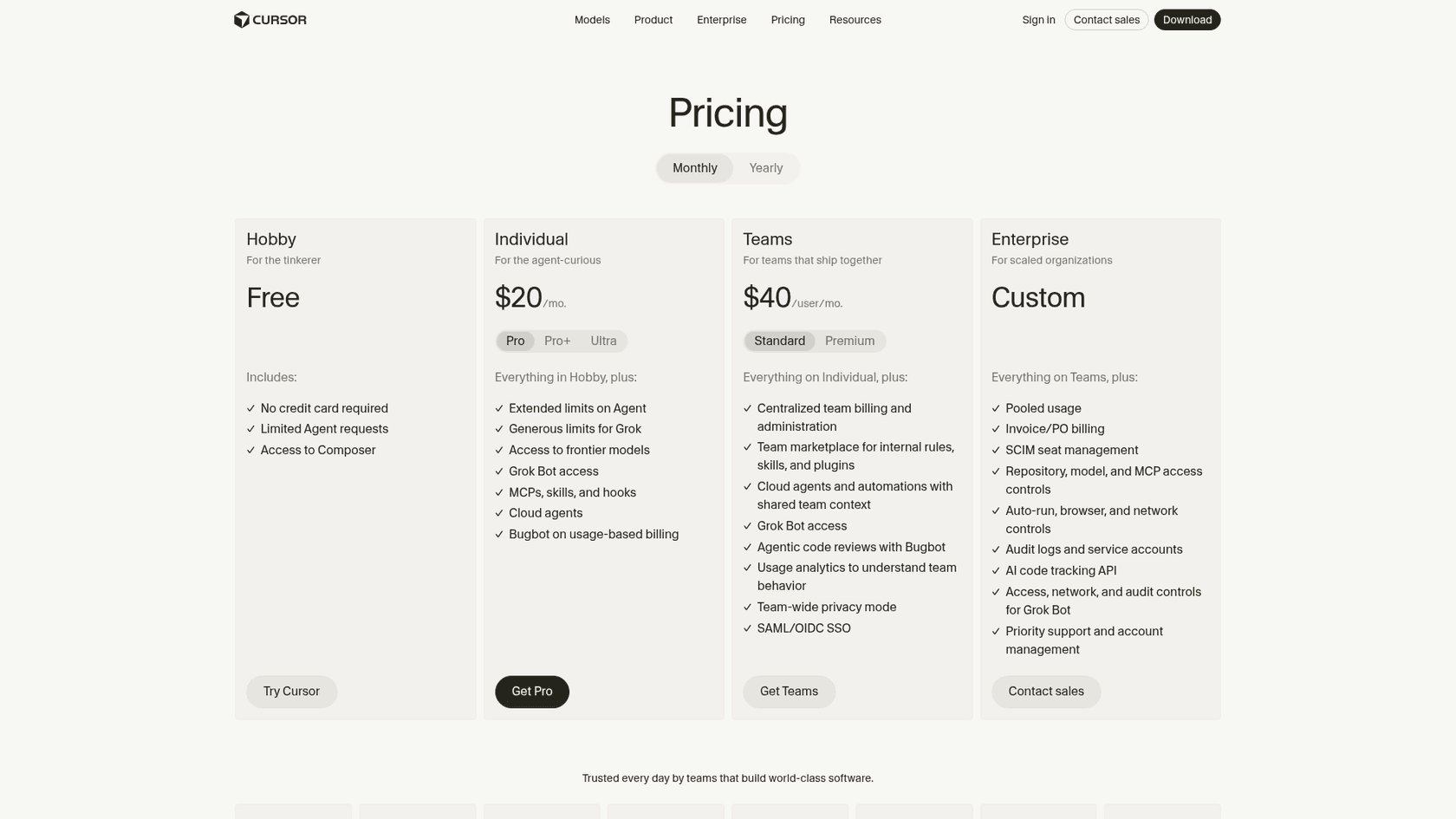 Cursor pricing page with the Hobby, Individual, Teams and Enterprise cards, as taken from Cursor
