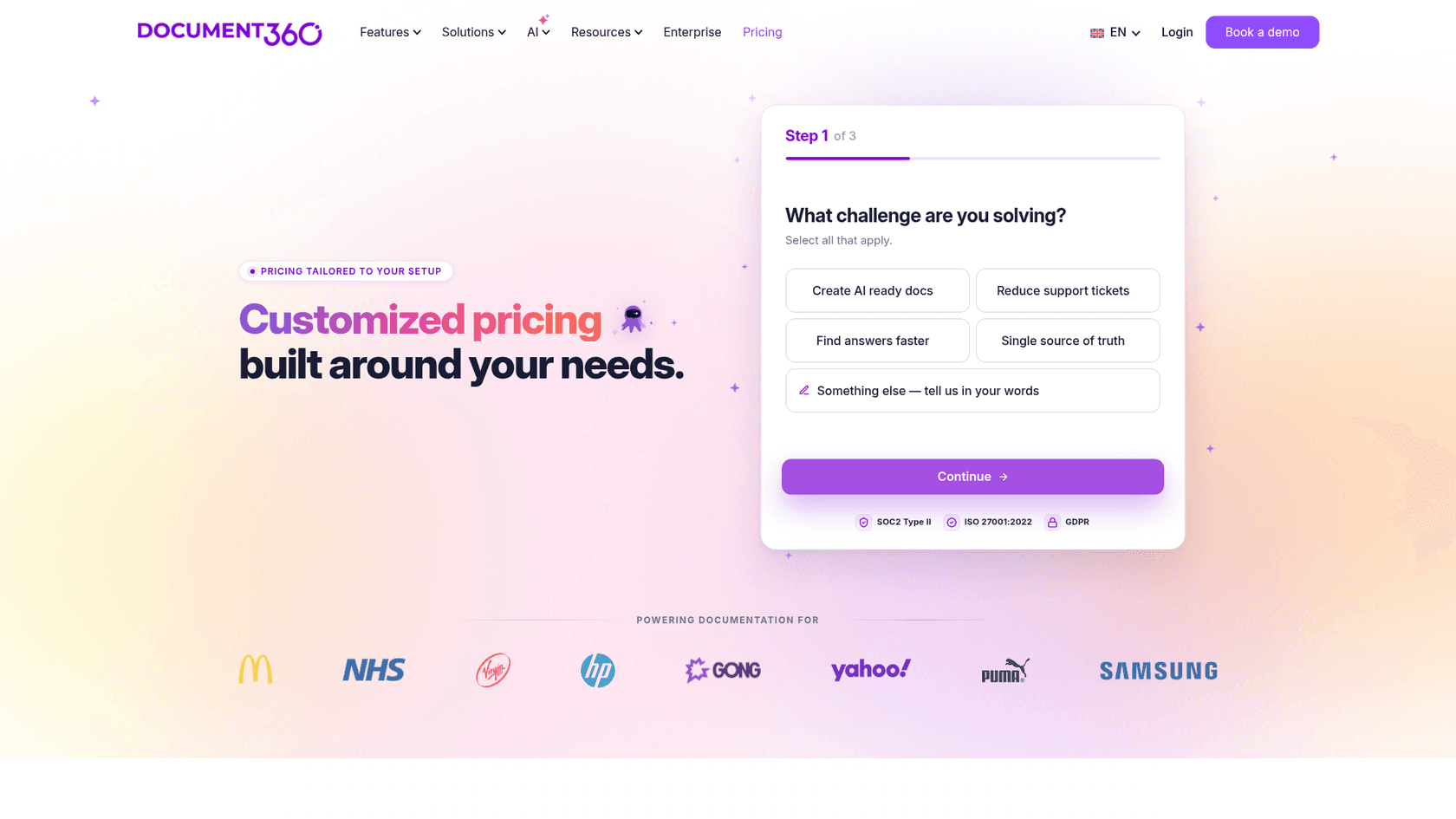 Document360 pricing page showing its quote form with no published prices, as captured from the Document360 site